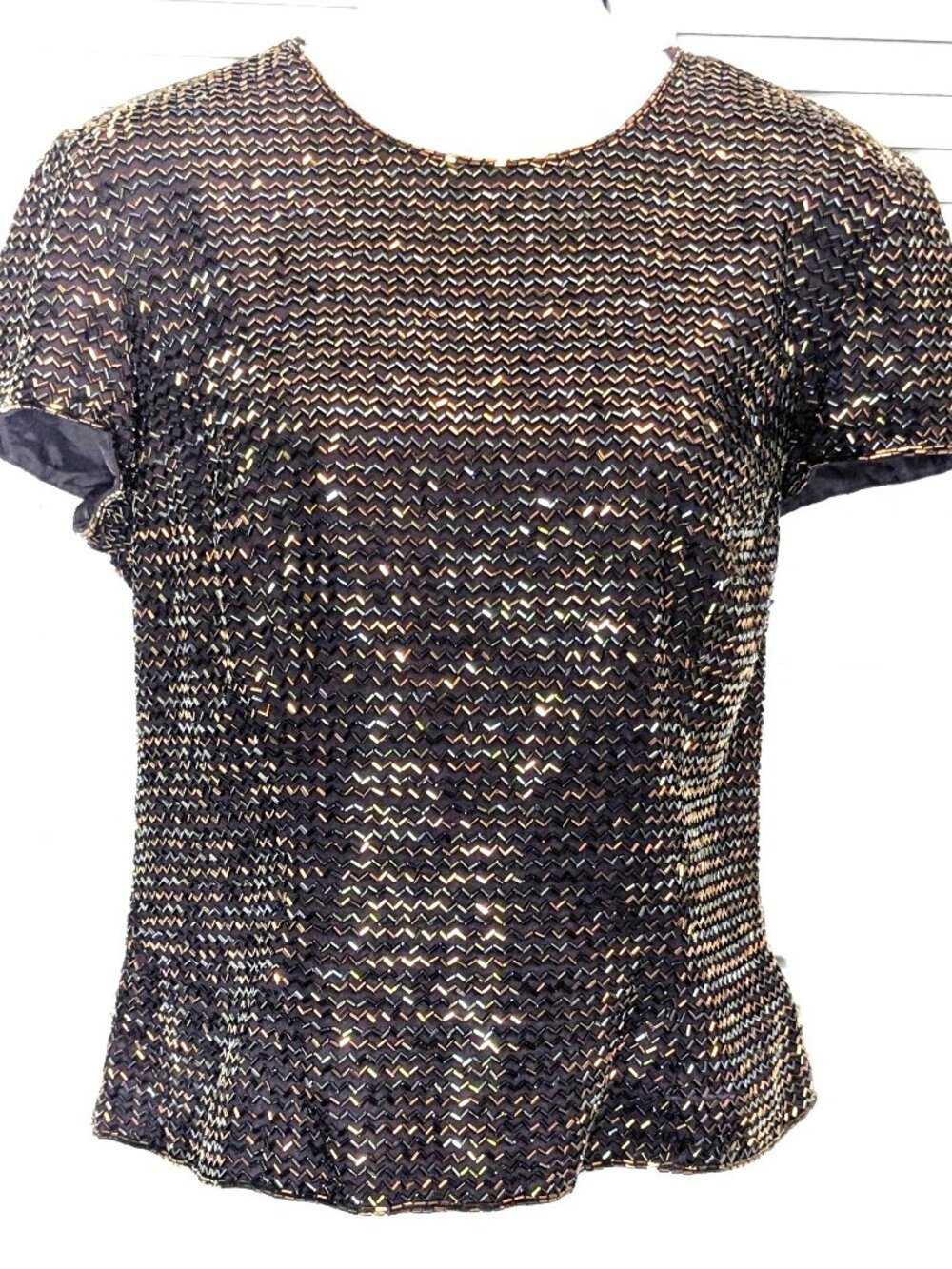 OLEG CASSINI Black Tie VTG 80s Silk Beaded Top Brown w Copper Sz 12 Cap Sleeve
